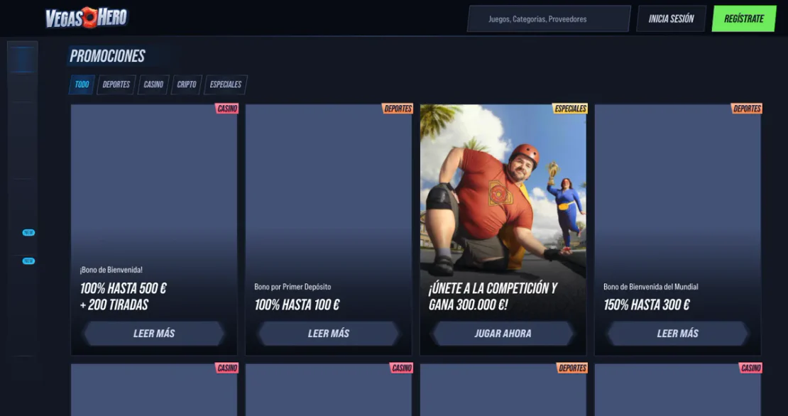 Sección de bonos en la web de Vegas Hero